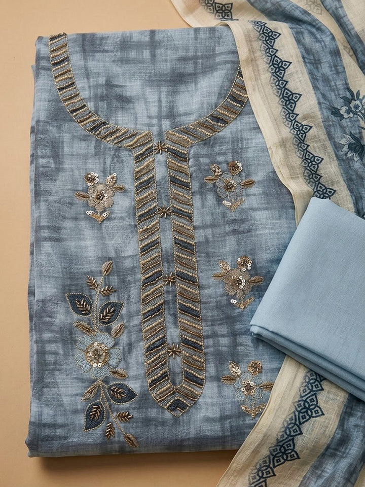 Blue Chanderi Embroidered Unstitched Dress Material