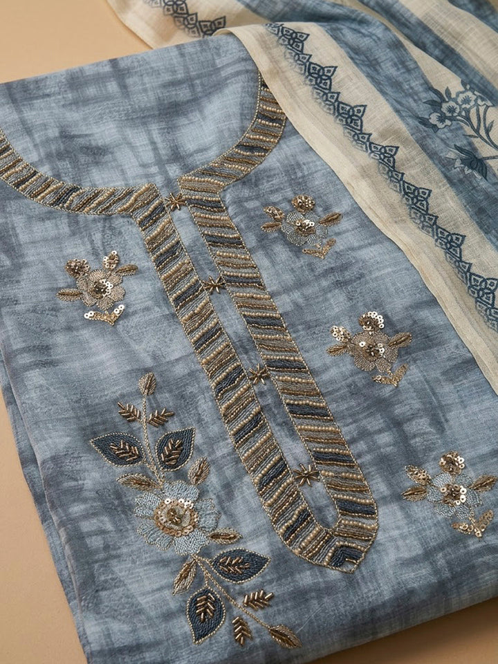 Blue Chanderi Embroidered Unstitched Dress Material