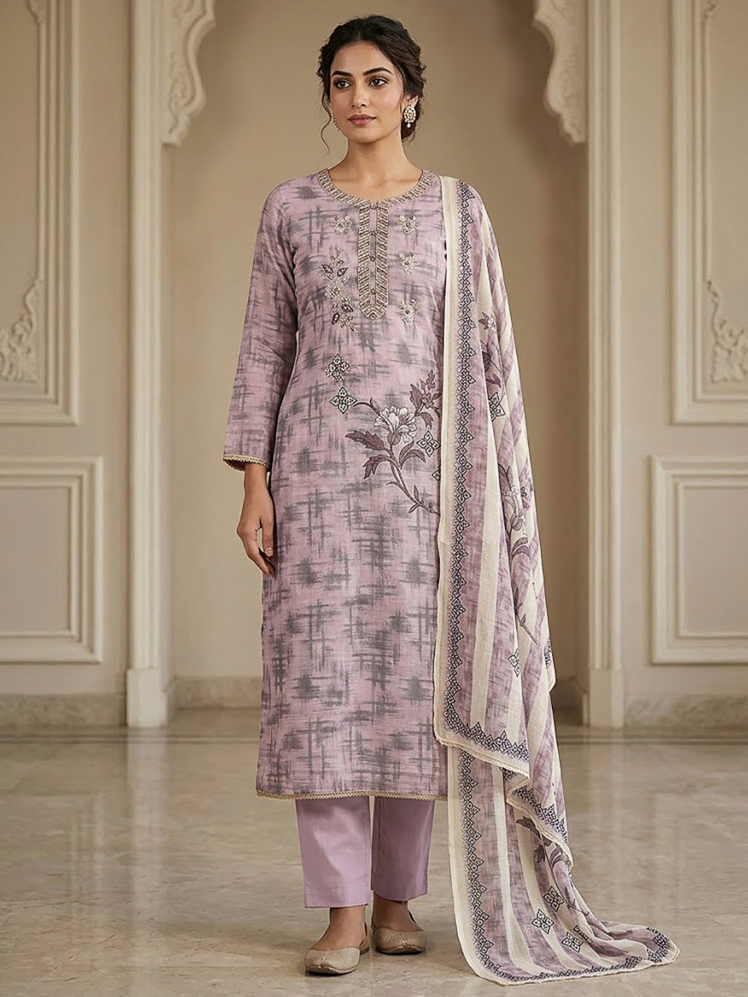 Onion Pink Chanderi Embroidered Unstitched Dress Material