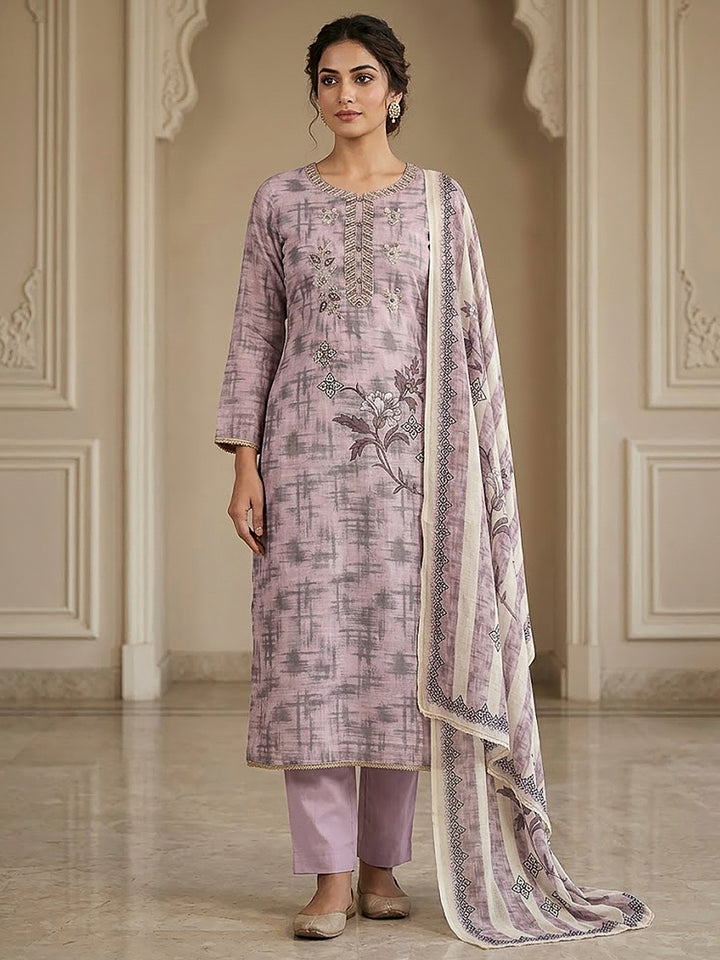 Onion Pink Chanderi Embroidered Unstitched Dress Material