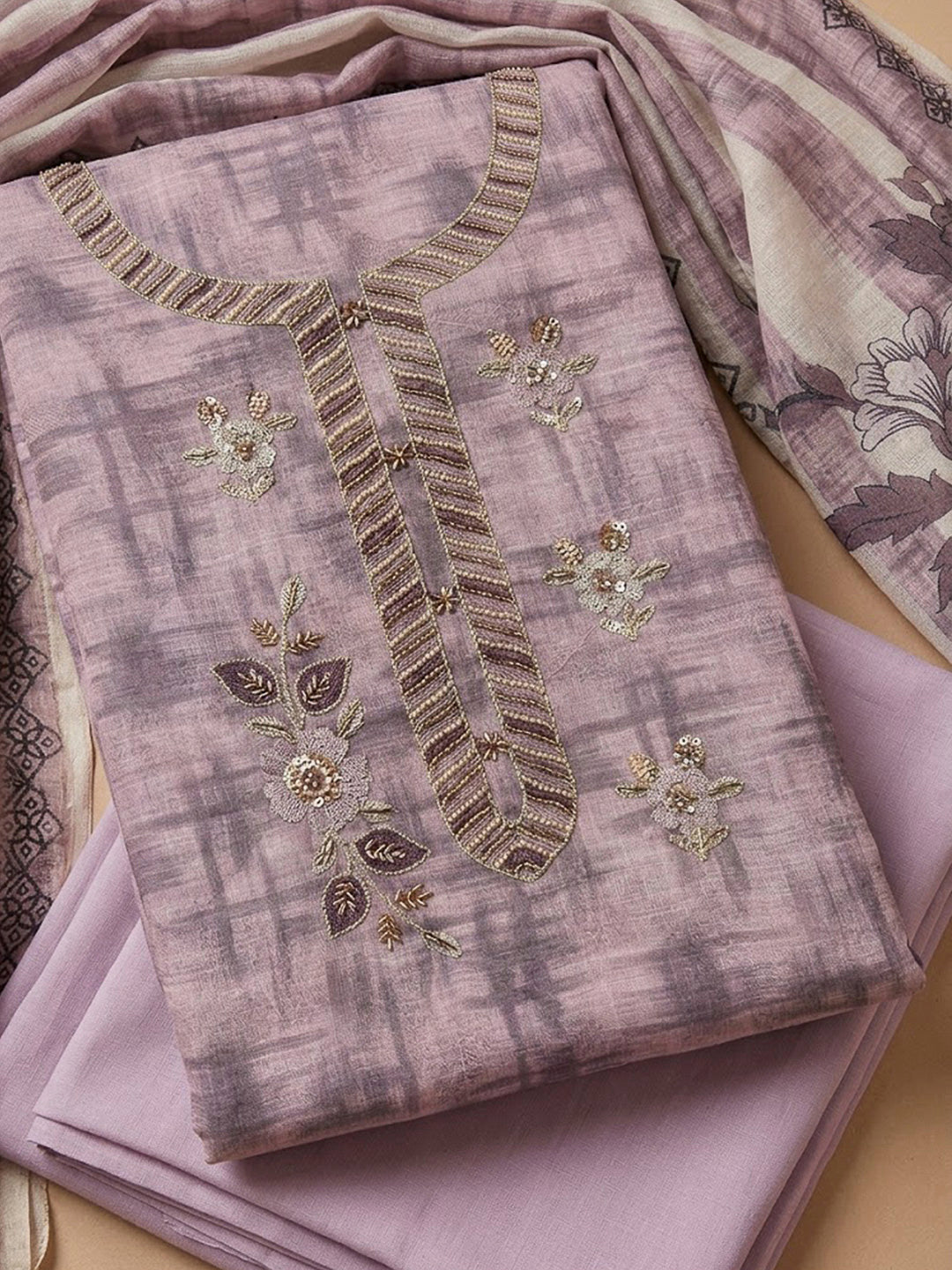 Onion Pink Chanderi Embroidered Unstitched Dress Material