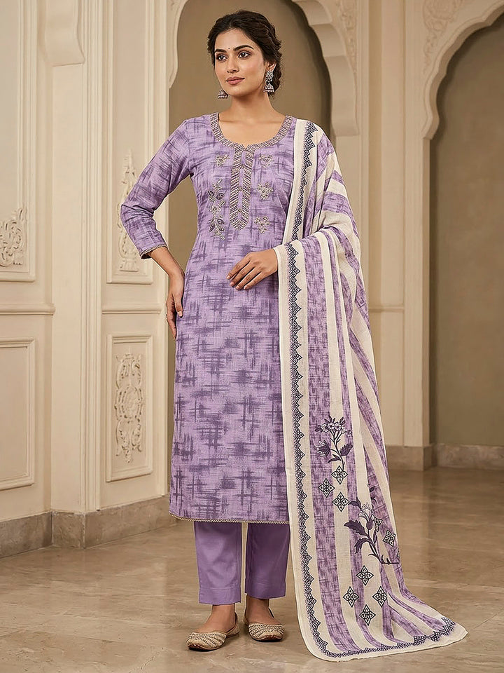 Purple Chanderi Embroidered Unstitched Dress Material