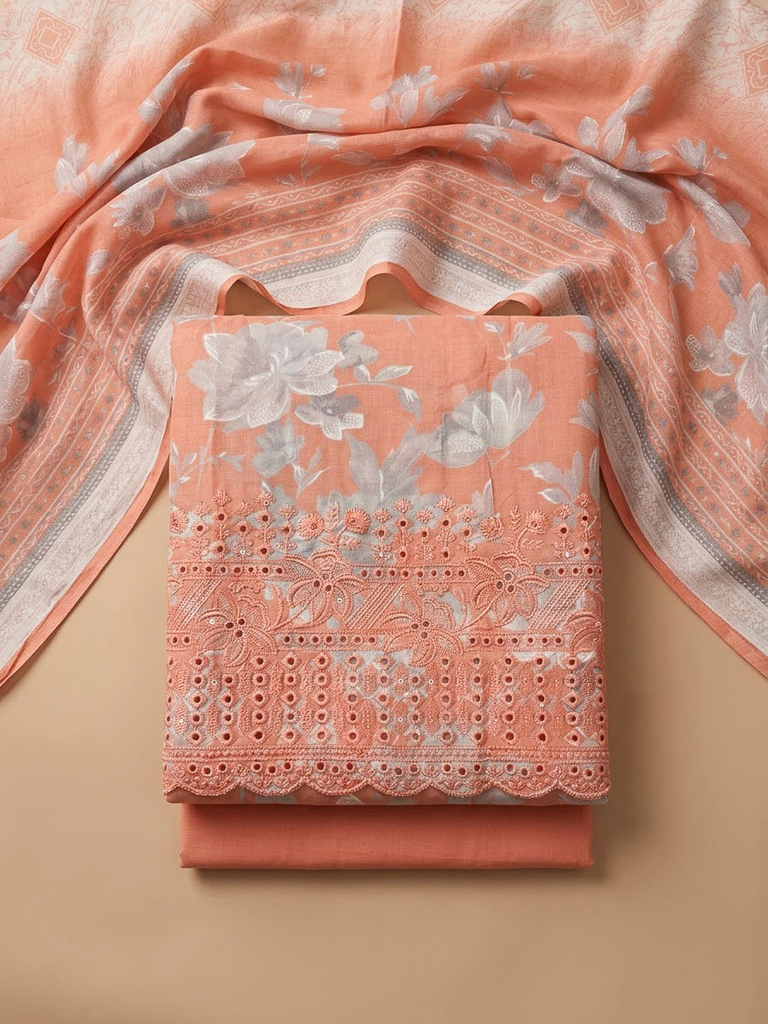 Peach Cotton Blend Embroidered Unstitched Dress Material