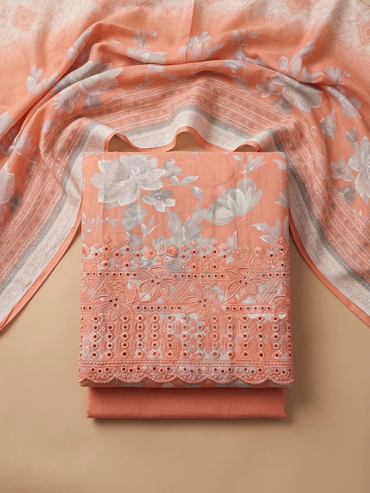 Peach Cotton Blend Embroidered Unstitched Dress Material