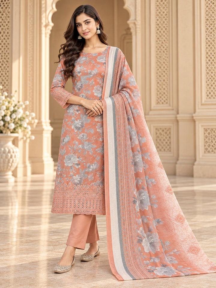 Peach Cotton Blend Embroidered Unstitched Dress Material