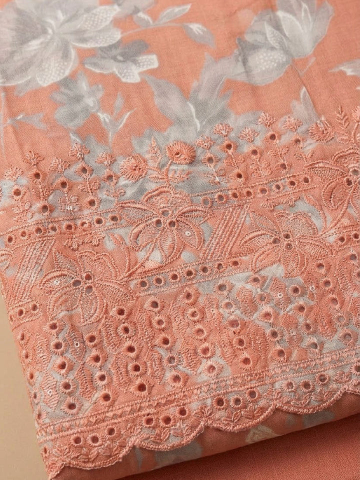 Peach Cotton Blend Embroidered Unstitched Dress Material