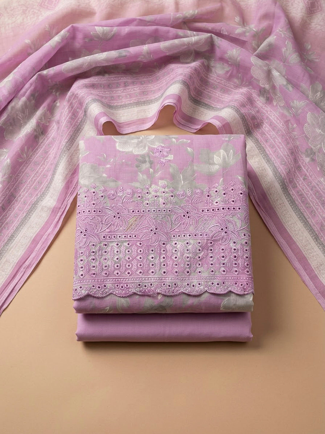 Pink Cotton Blend Embroidered Unstitched Dress Material