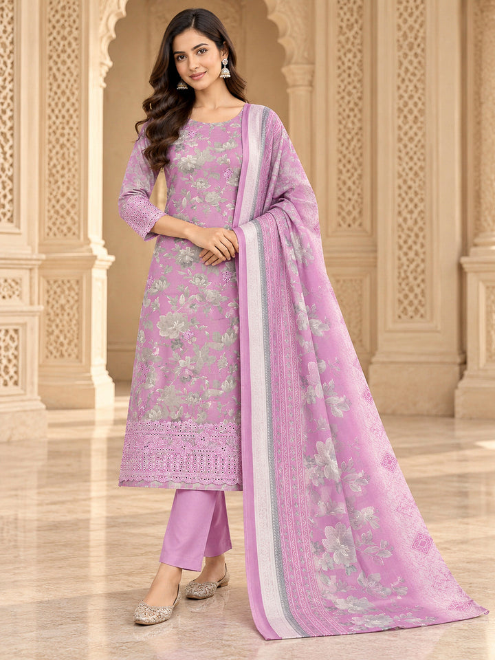 Pink Cotton Blend Embroidered Unstitched Dress Material