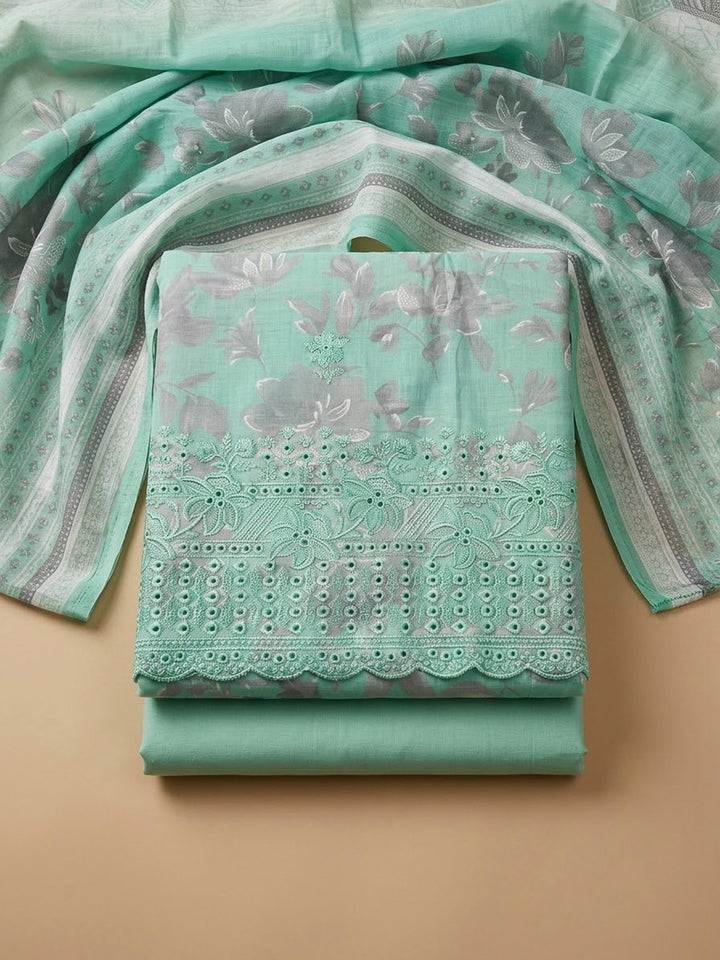 Sea Green Cotton Blend Embroidered Unstitched Dress Material