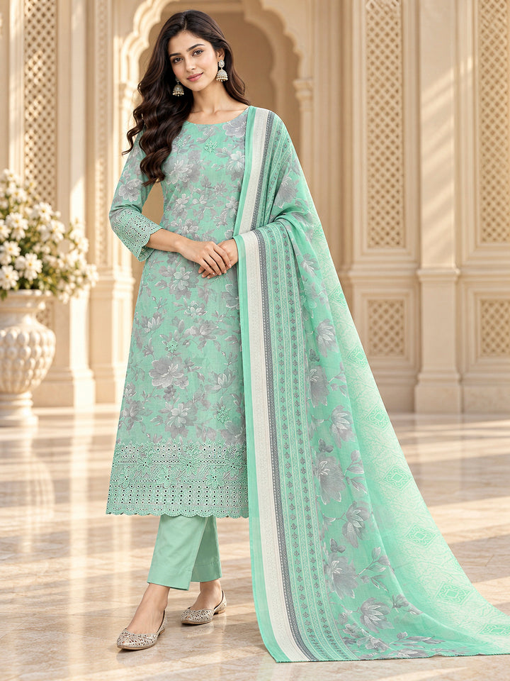 Sea Green Cotton Blend Embroidered Unstitched Dress Material