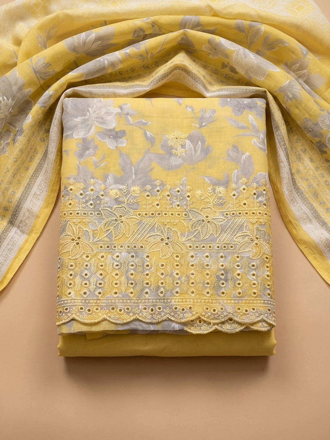 Yellow Cotton Blend Embroidered Unstitched Dress Material