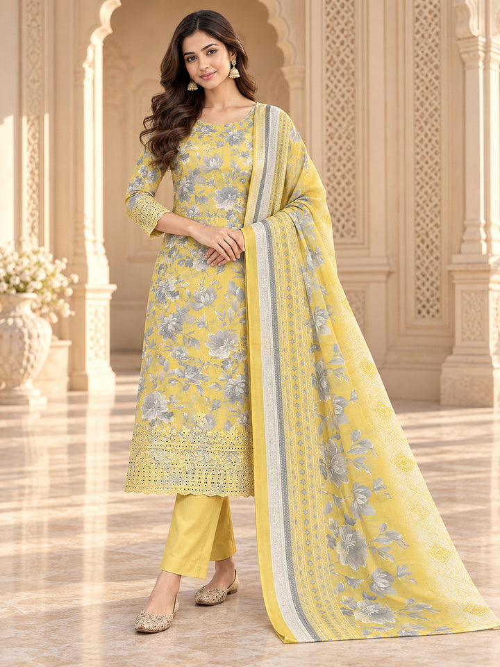 Yellow Cotton Blend Embroidered Unstitched Dress Material
