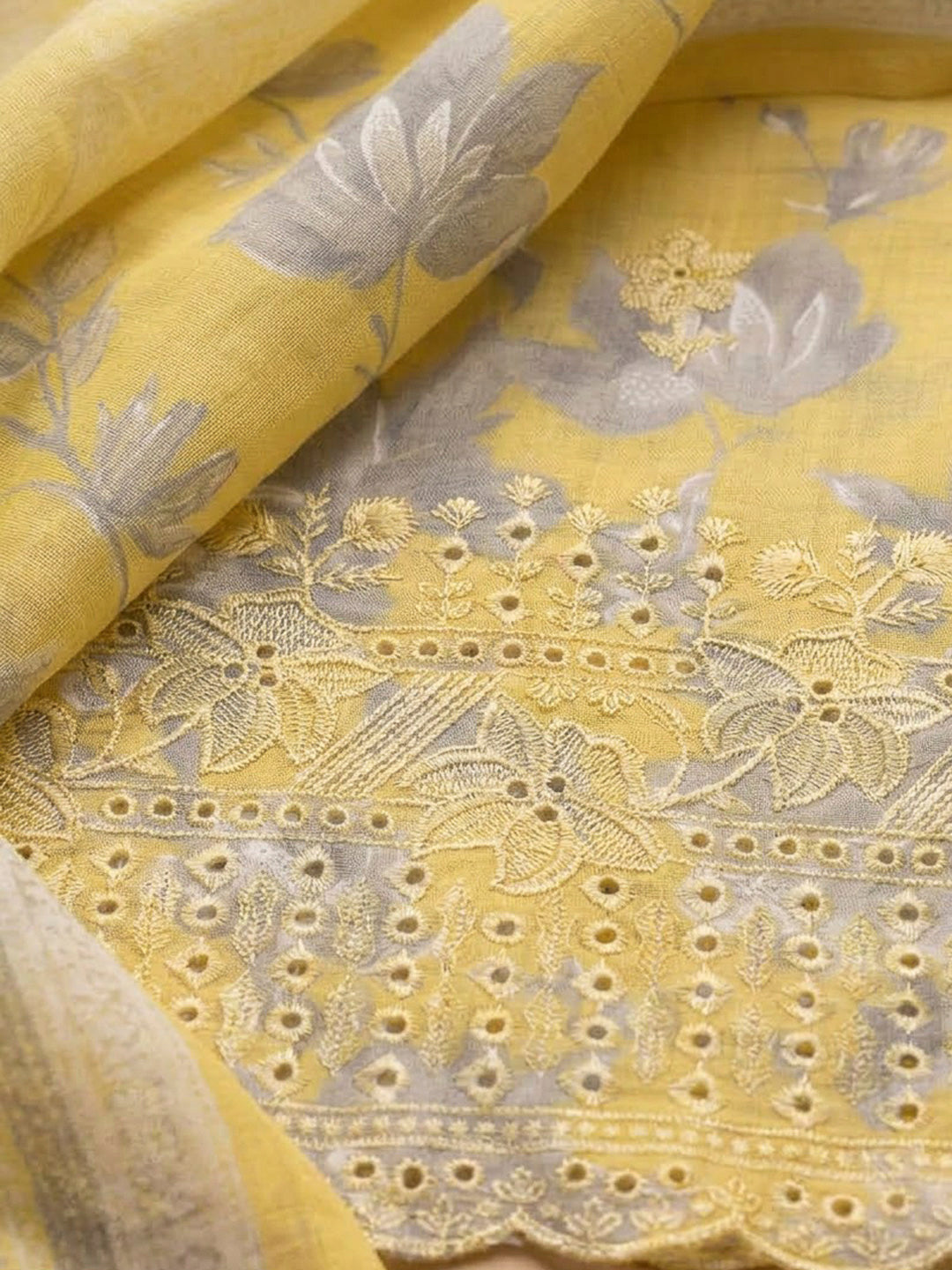 Yellow Cotton Blend Embroidered Unstitched Dress Material