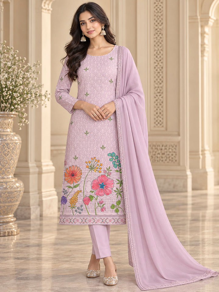 Lavender Cotton Blend Printed Unstitched Dress Material