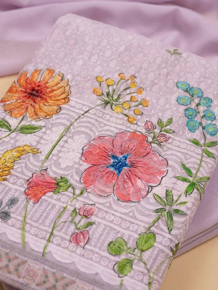 Lavender Cotton Blend Printed Unstitched Dress Material