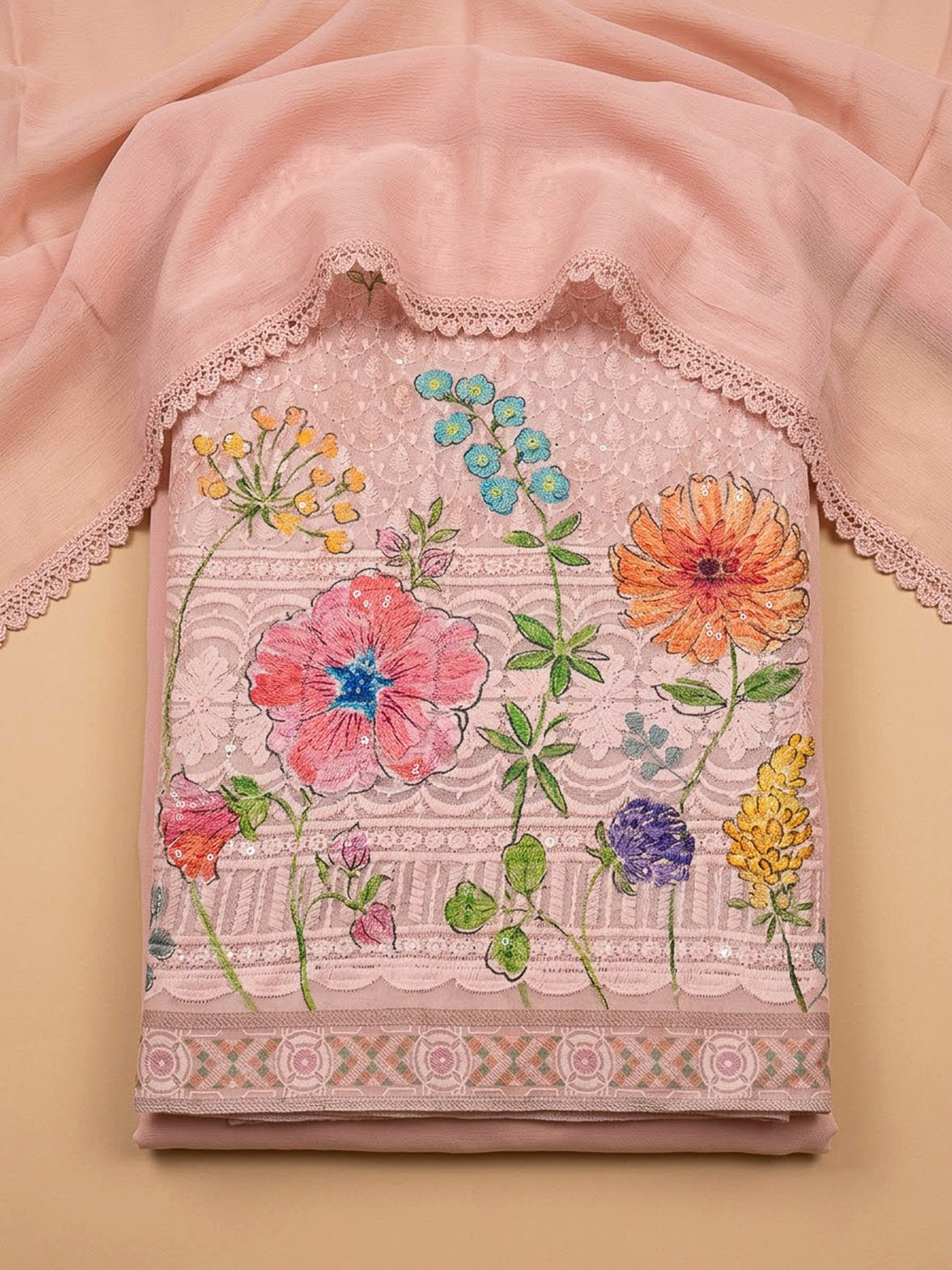 Peach Cotton Blend Printed Unstitched Dress Material