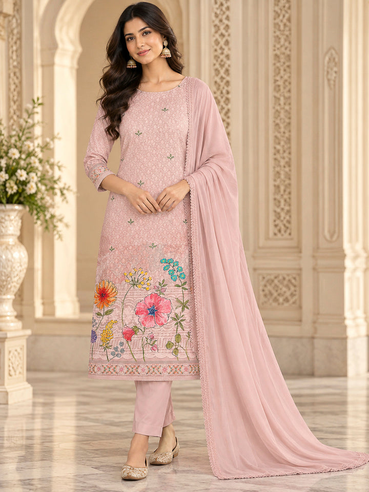Peach Cotton Blend Printed Unstitched Dress Material
