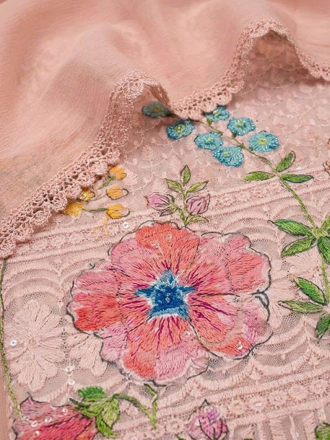 Peach Cotton Blend Printed Unstitched Dress Material