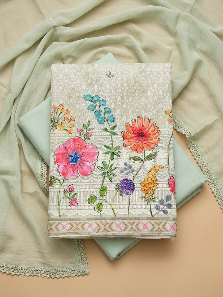 Pista Green Cotton Blend Printed Unstitched Dress Material