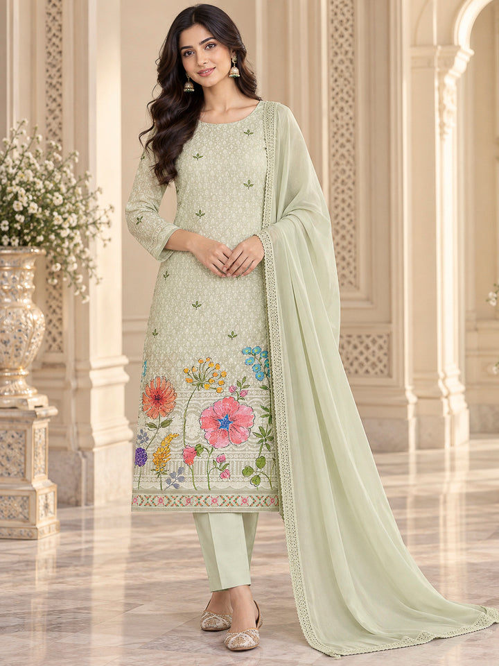 Pista Green Cotton Blend Printed Unstitched Dress Material