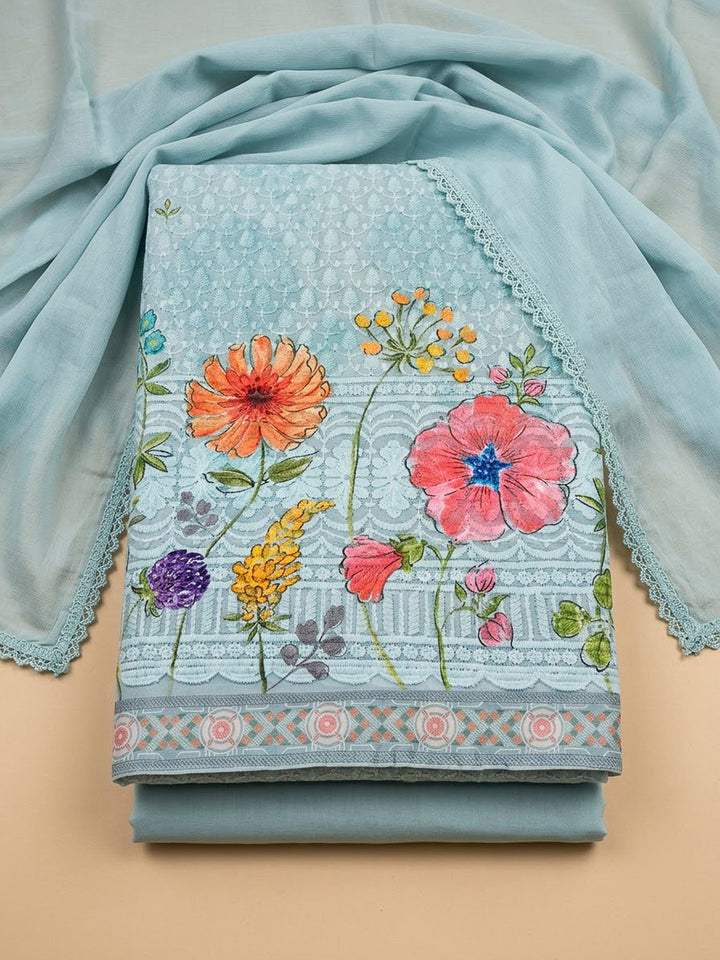 Sky Blue Cotton Blend Printed Unstitched Dress Material