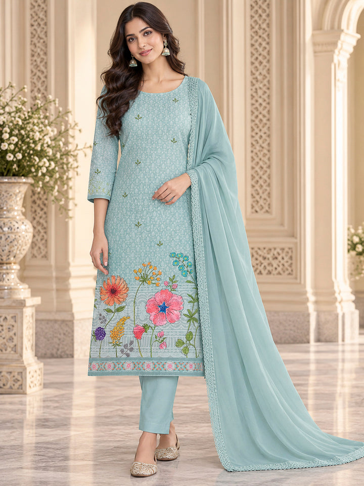 Sky Blue Cotton Blend Printed Unstitched Dress Material