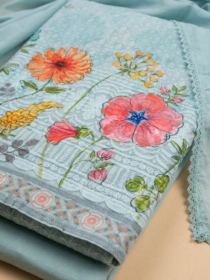 Sky Blue Cotton Blend Printed Unstitched Dress Material