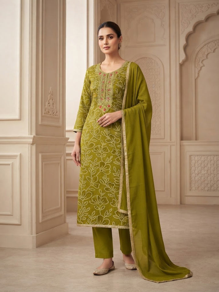 Mehndi Cotton Blend Embroidered Unstitched Dress Material