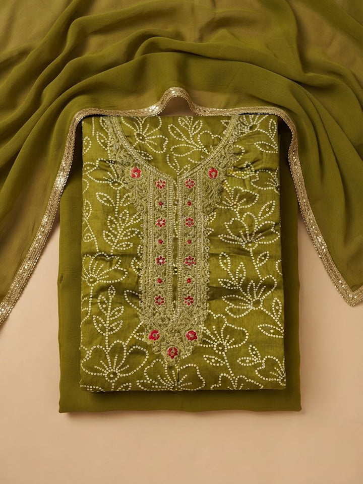Mehndi Cotton Blend Embroidered Unstitched Dress Material