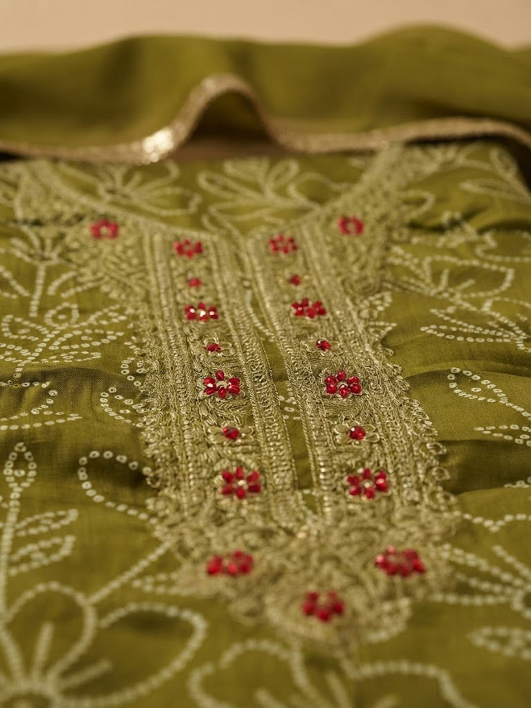 Mehndi Cotton Blend Embroidered Unstitched Dress Material