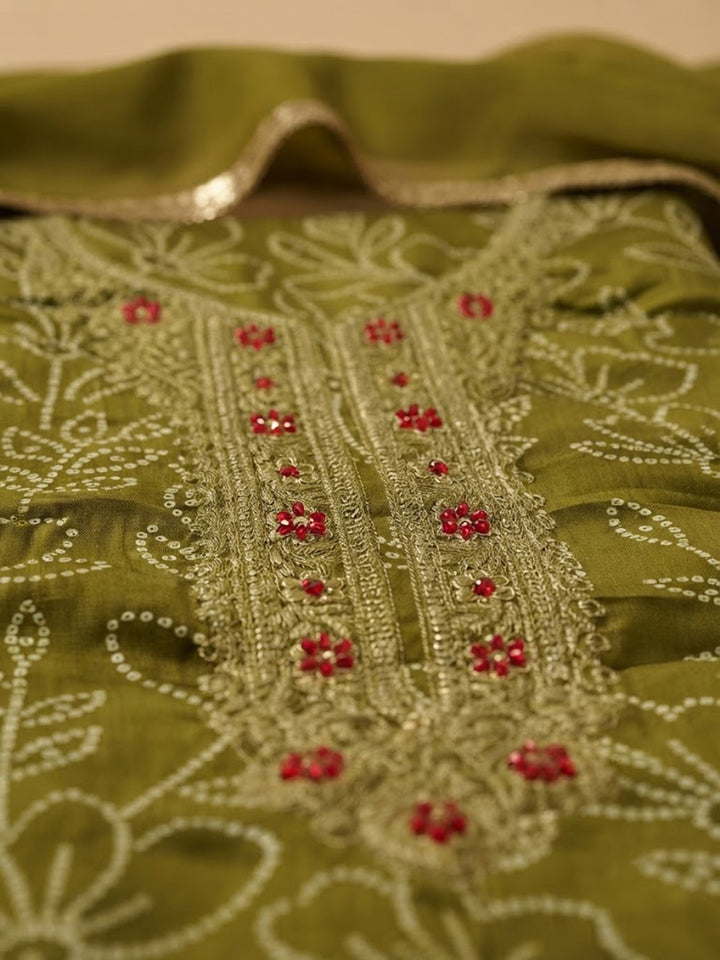 Mehndi Cotton Blend Embroidered Unstitched Dress Material
