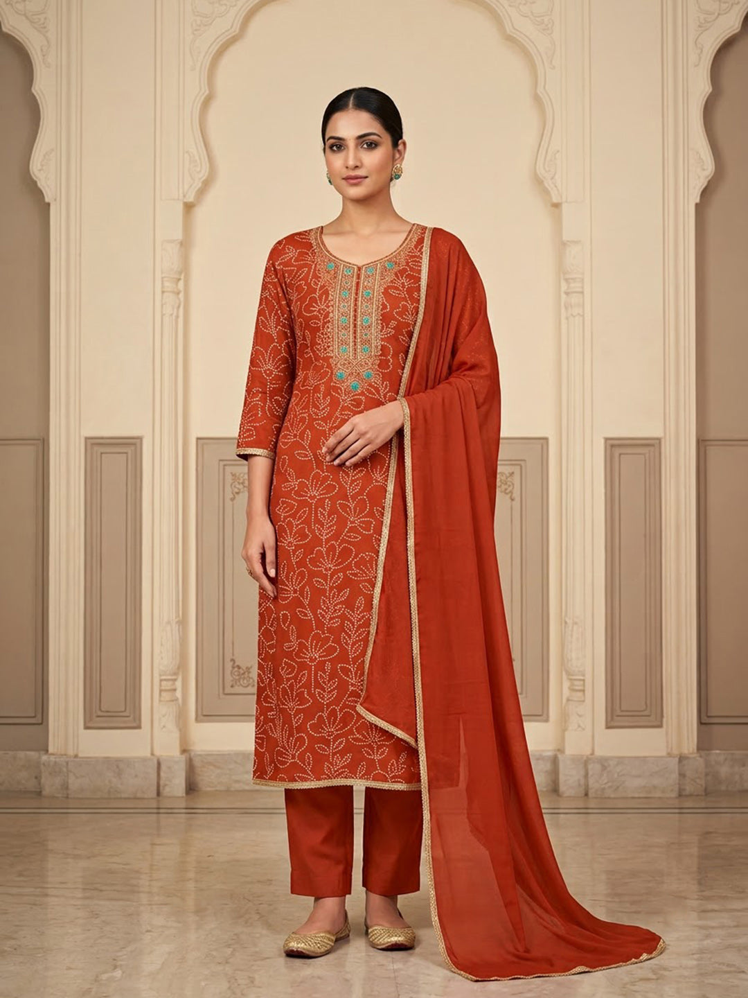Orange Cotton Blend Embroidered Unstitched Dress Material