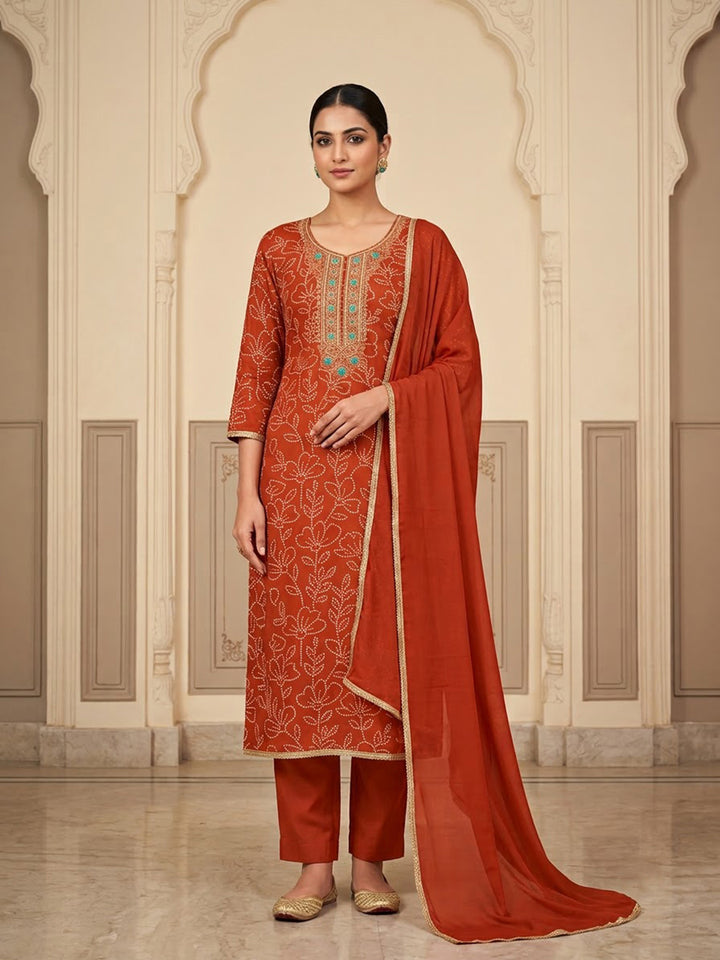 Orange Cotton Blend Embroidered Unstitched Dress Material