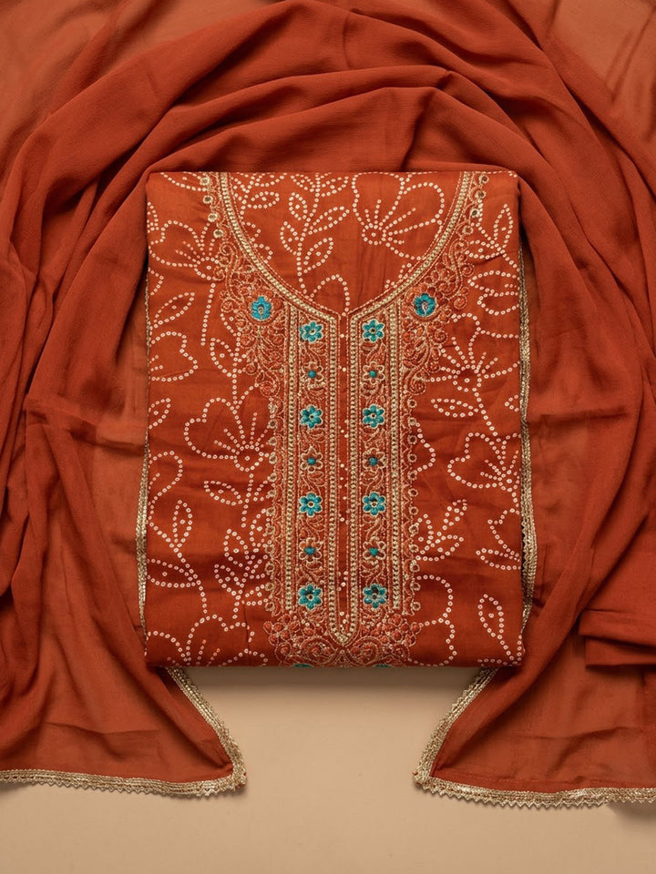 Orange Cotton Blend Embroidered Unstitched Dress Material