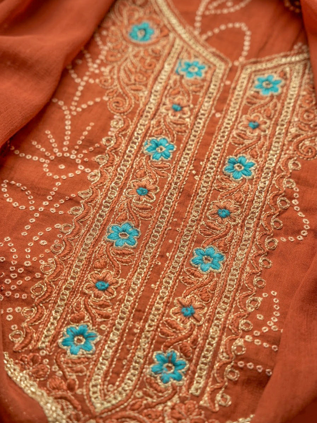 Orange Cotton Blend Embroidered Unstitched Dress Material