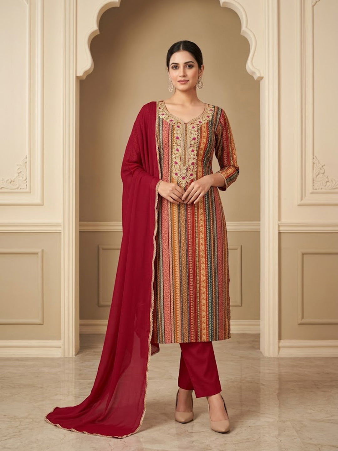 Red Cotton Blend Embroidered Unstitched Dress Material