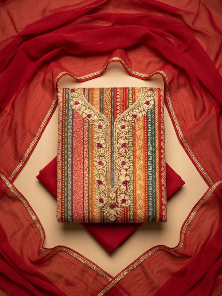 Red Cotton Blend Embroidered Unstitched Dress Material