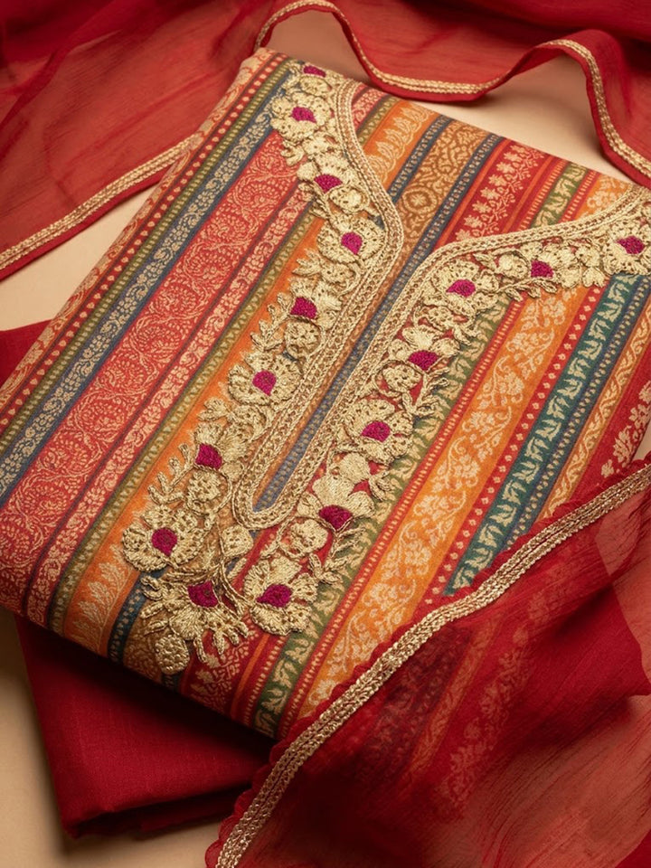 Red Cotton Blend Embroidered Unstitched Dress Material