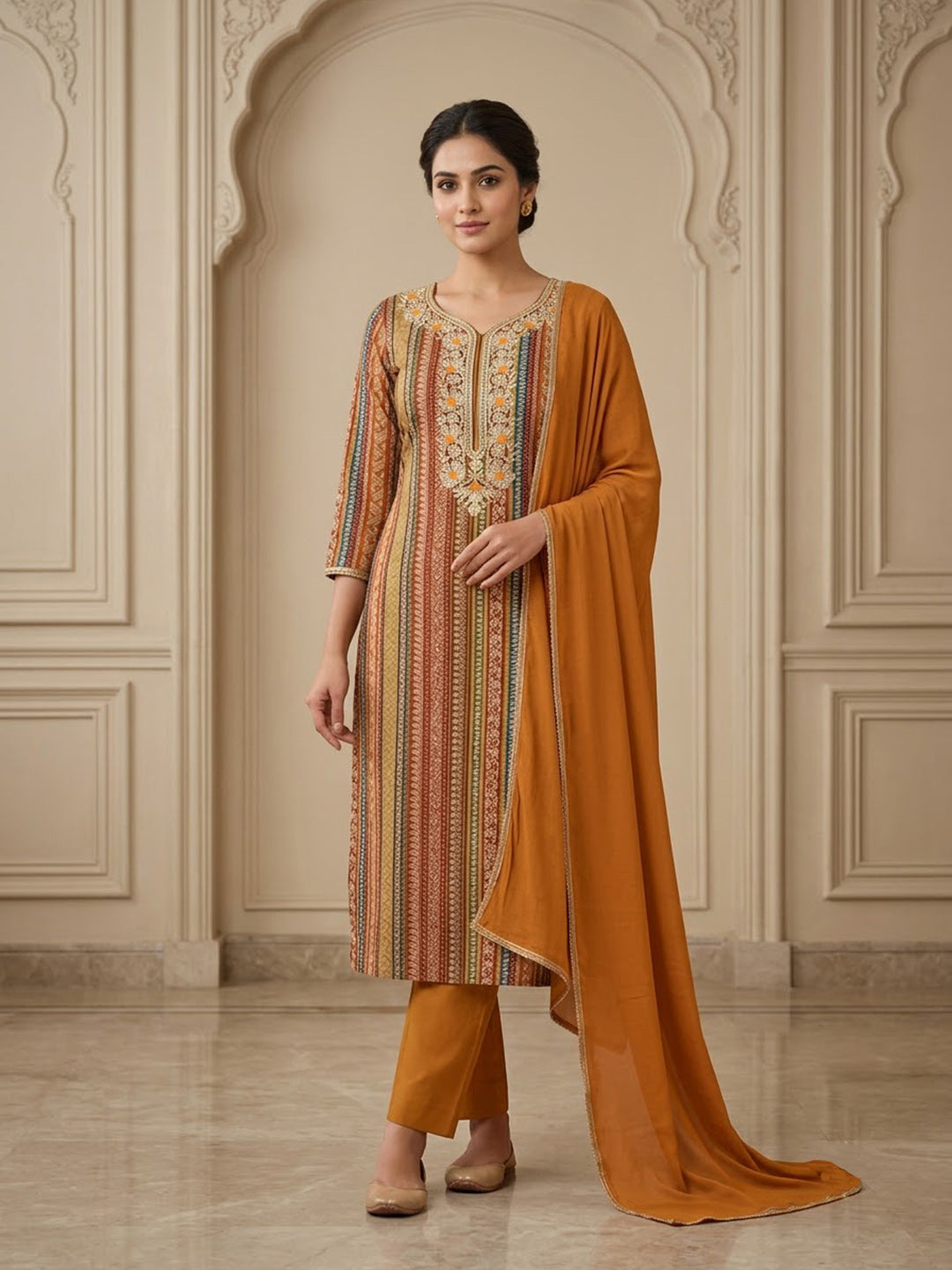 Rust Cotton Blend Embroidered Unstitched Dress Material