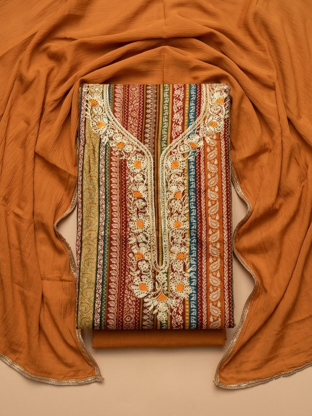 Rust Cotton Blend Embroidered Unstitched Dress Material