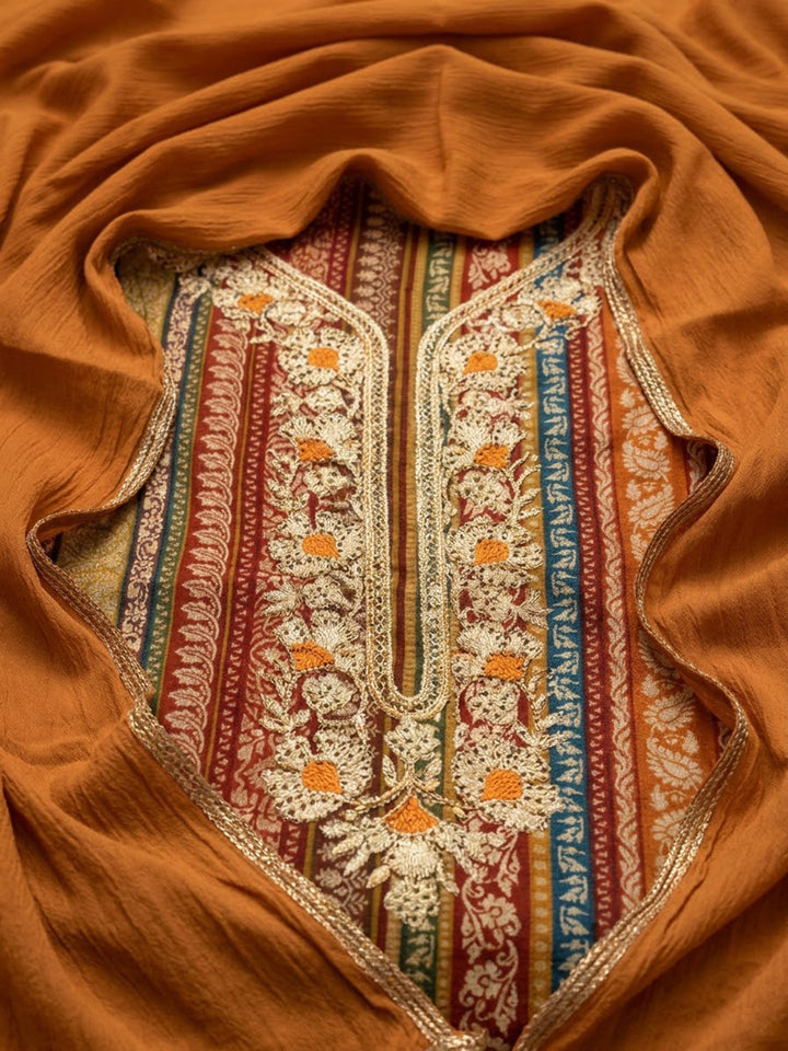 Rust Cotton Blend Embroidered Unstitched Dress Material