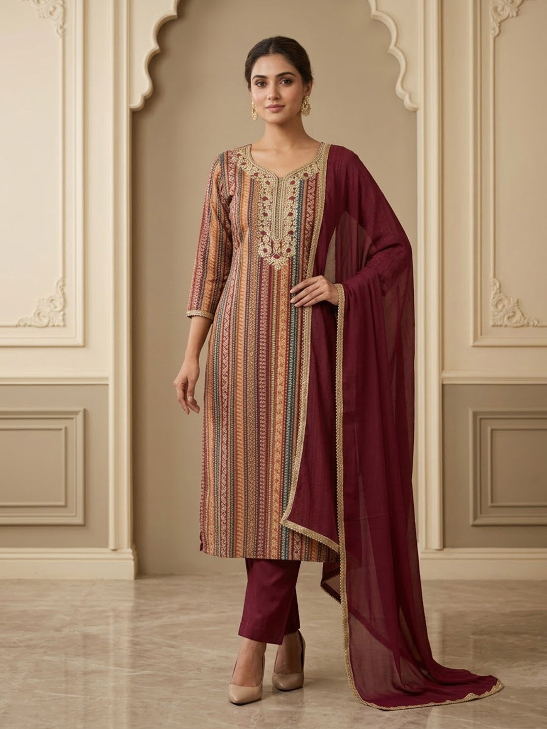 Wine Cotton Blend Embroidered Unstitched Dress Material