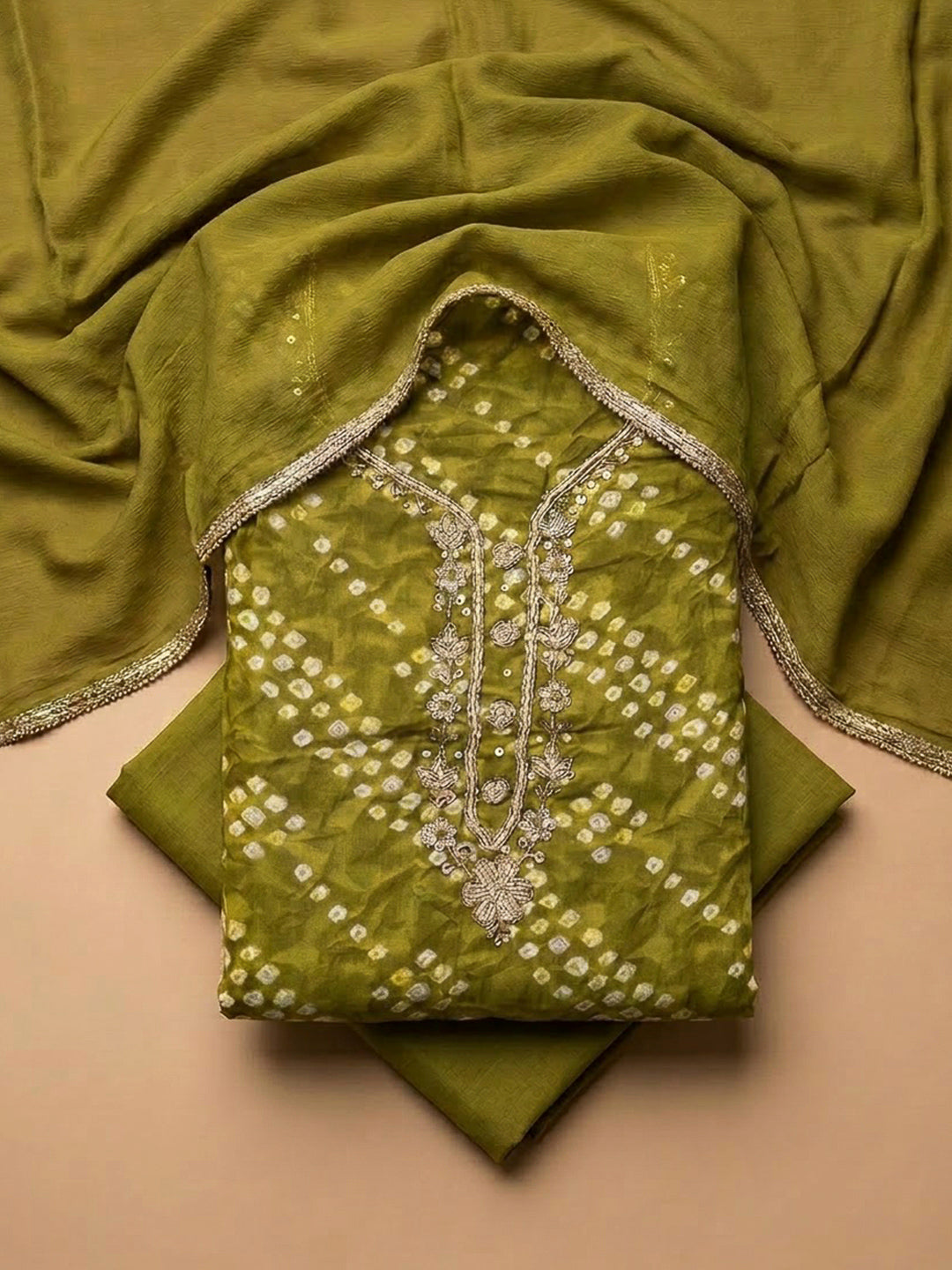 Mehndi Cotton Blend Embroidered Unstitched Dress Material
