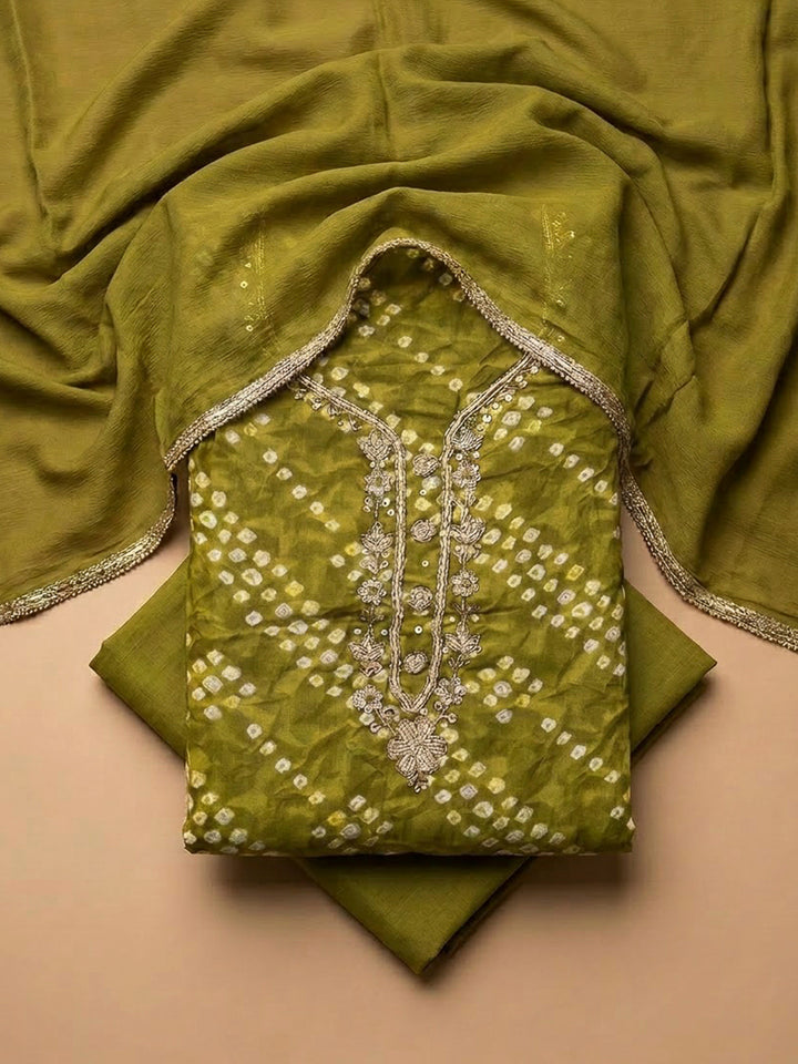 Mehndi Cotton Blend Embroidered Unstitched Dress Material