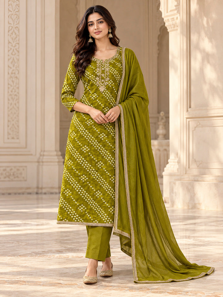 Mehndi Cotton Blend Embroidered Unstitched Dress Material