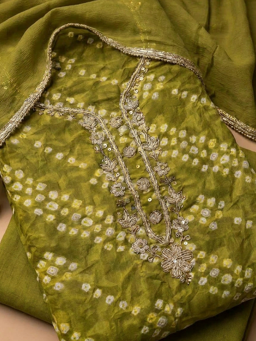 Mehndi Cotton Blend Embroidered Unstitched Dress Material