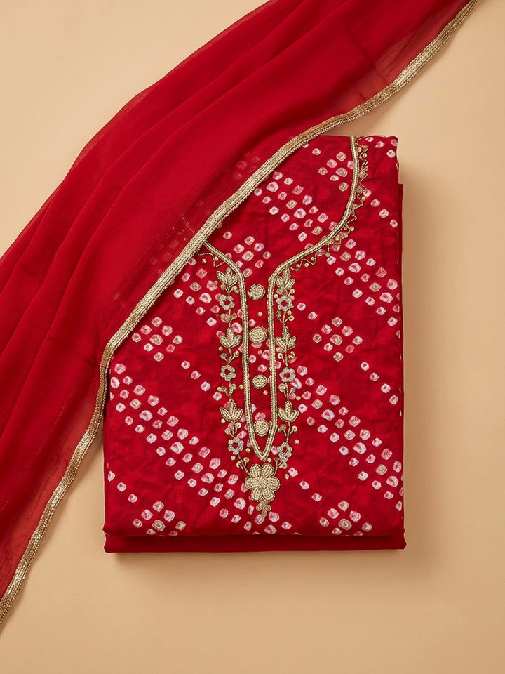 Red Cotton Blend Embroidered Unstitched Dress Material