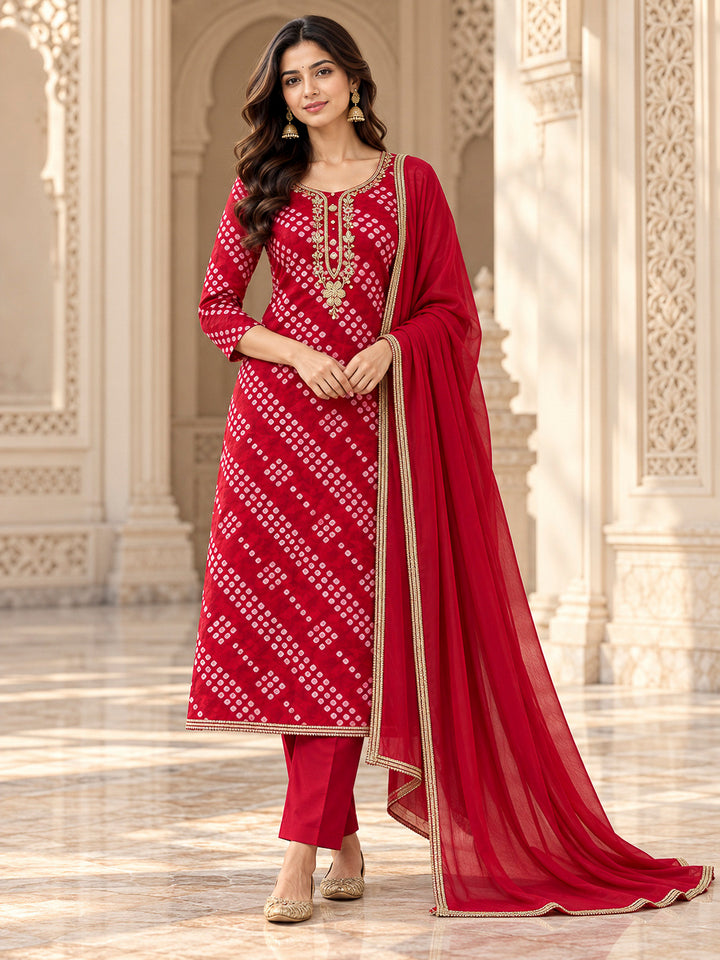 Red Cotton Blend Embroidered Unstitched Dress Material