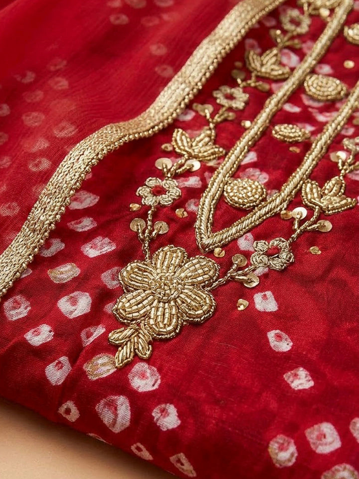 Red Cotton Blend Embroidered Unstitched Dress Material