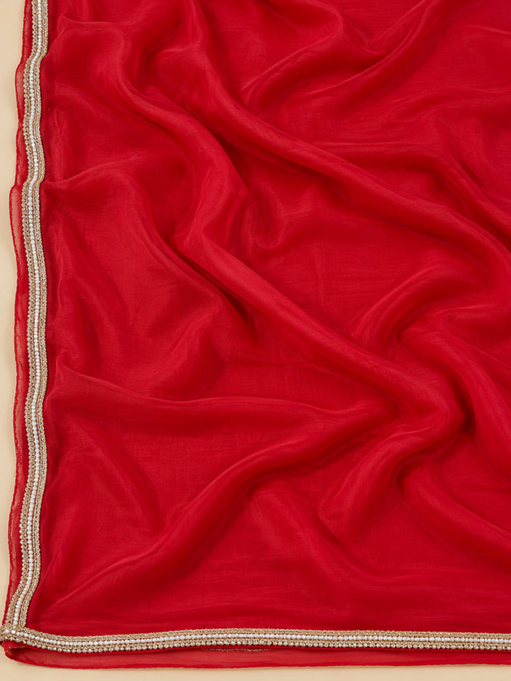 Red Cotton Blend Embroidered Unstitched Dress Material